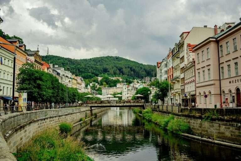 Pastel spa houses above the Teplá river in Karlovy Vary