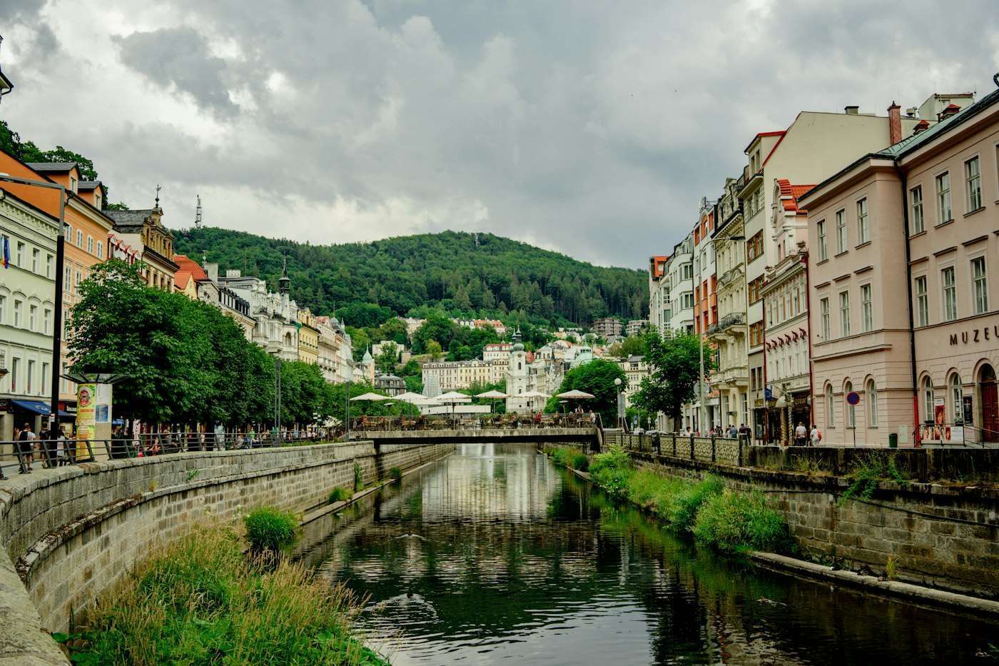 Pastel spa houses above the Teplá river in Karlovy Vary